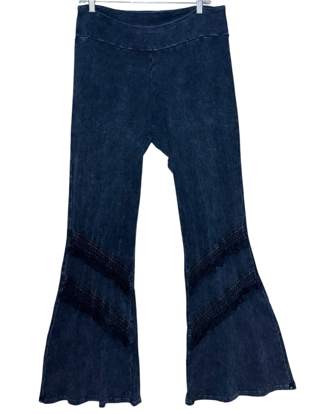 Chatoyant Mineral Wash Bell Bottom Double Fringe Yoga Pants Flare Crochet Lace